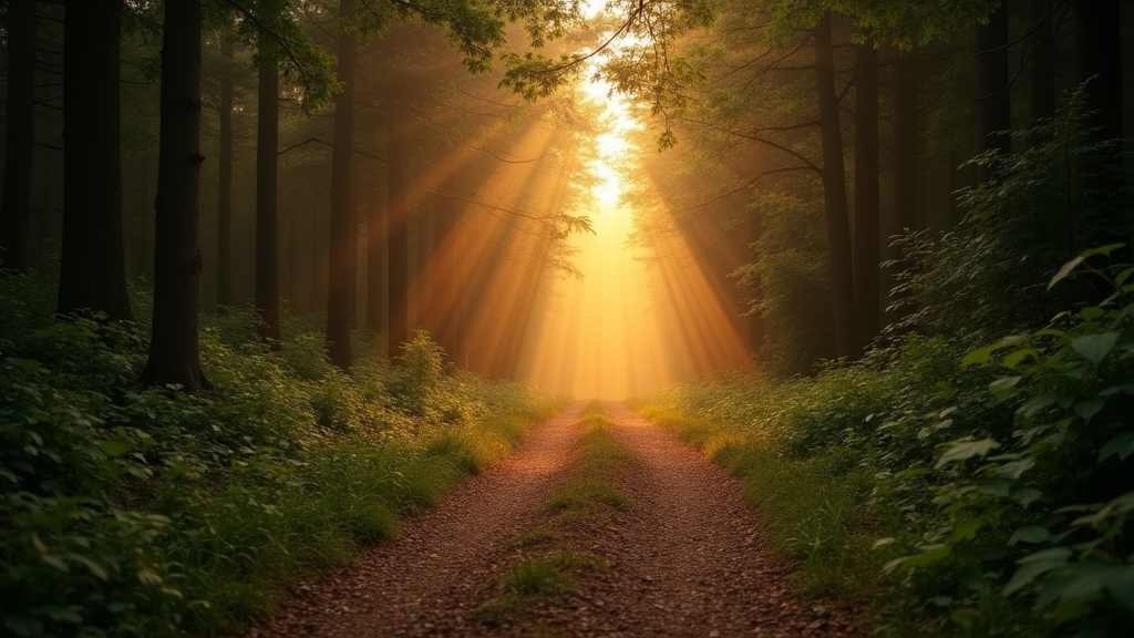 A calming scene depicting peaceful nature, such as a tranquil forest path at sunrise, suggesting contemplation and inner journey.