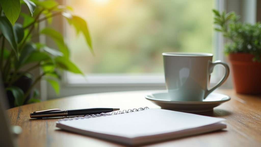 A peaceful scene showing a tidy workspace, a journal, a plant, and a cup of coffee, symbolizing reflection and growth after overcoming financial shame.