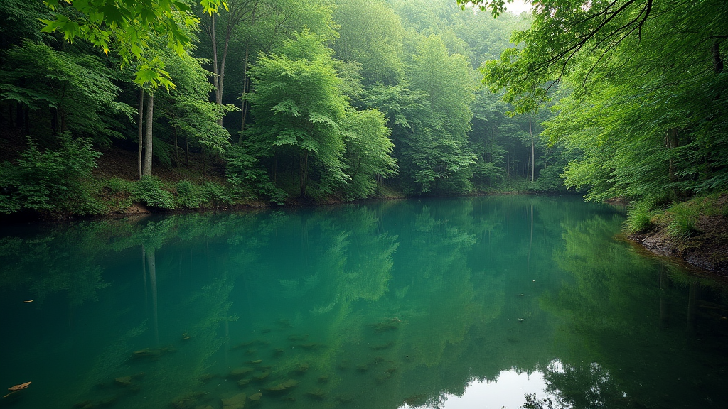 A still pond reflecting a lush forest, symbolizing inner wholeness and abundance