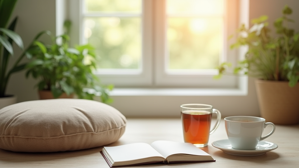 A tranquil and cozy morning meditation setup with natural light