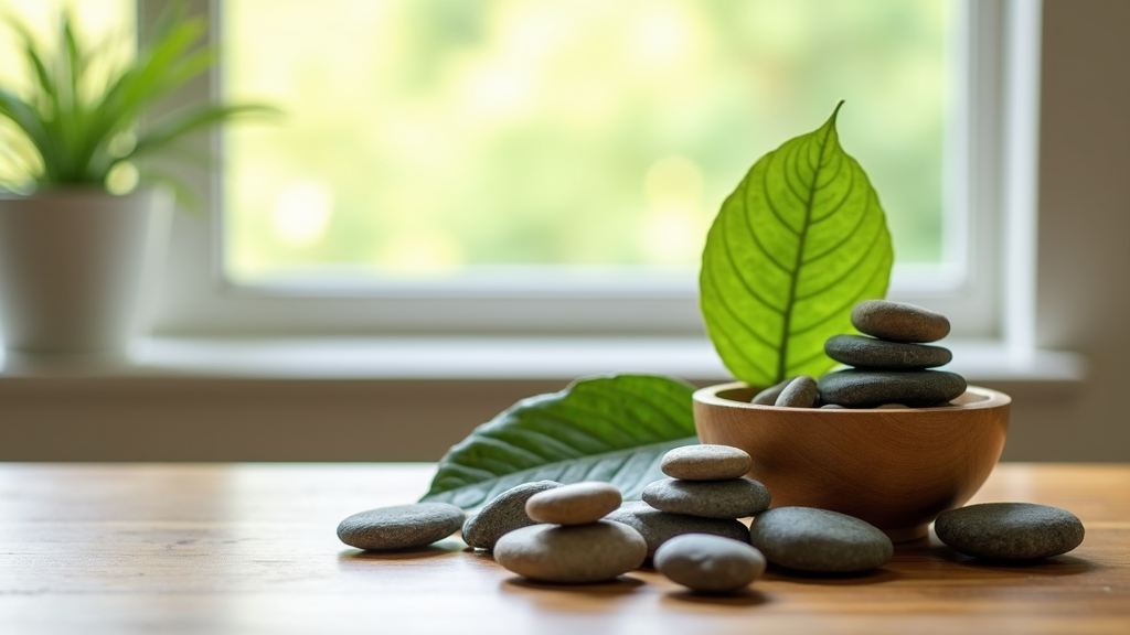 Mindfulness exercises shown through simple objects: stones, a bowl, and a leaf aligned on a table in soft natural light.